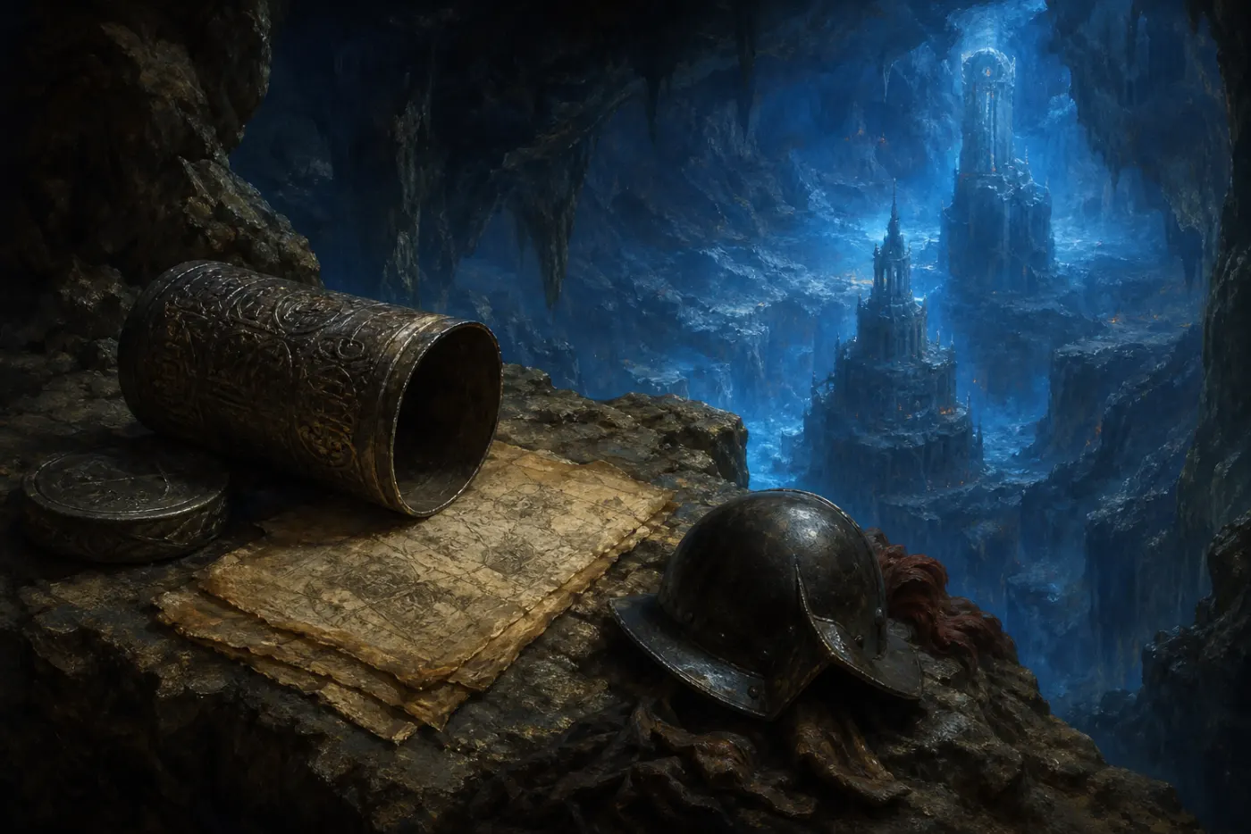 An ancient metal cylinder and manuscript above a blue-lit abyss