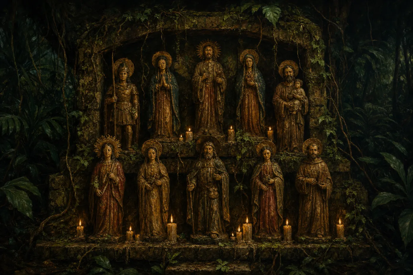 Carved wooden saint statues on a candle-lit jungle shrine