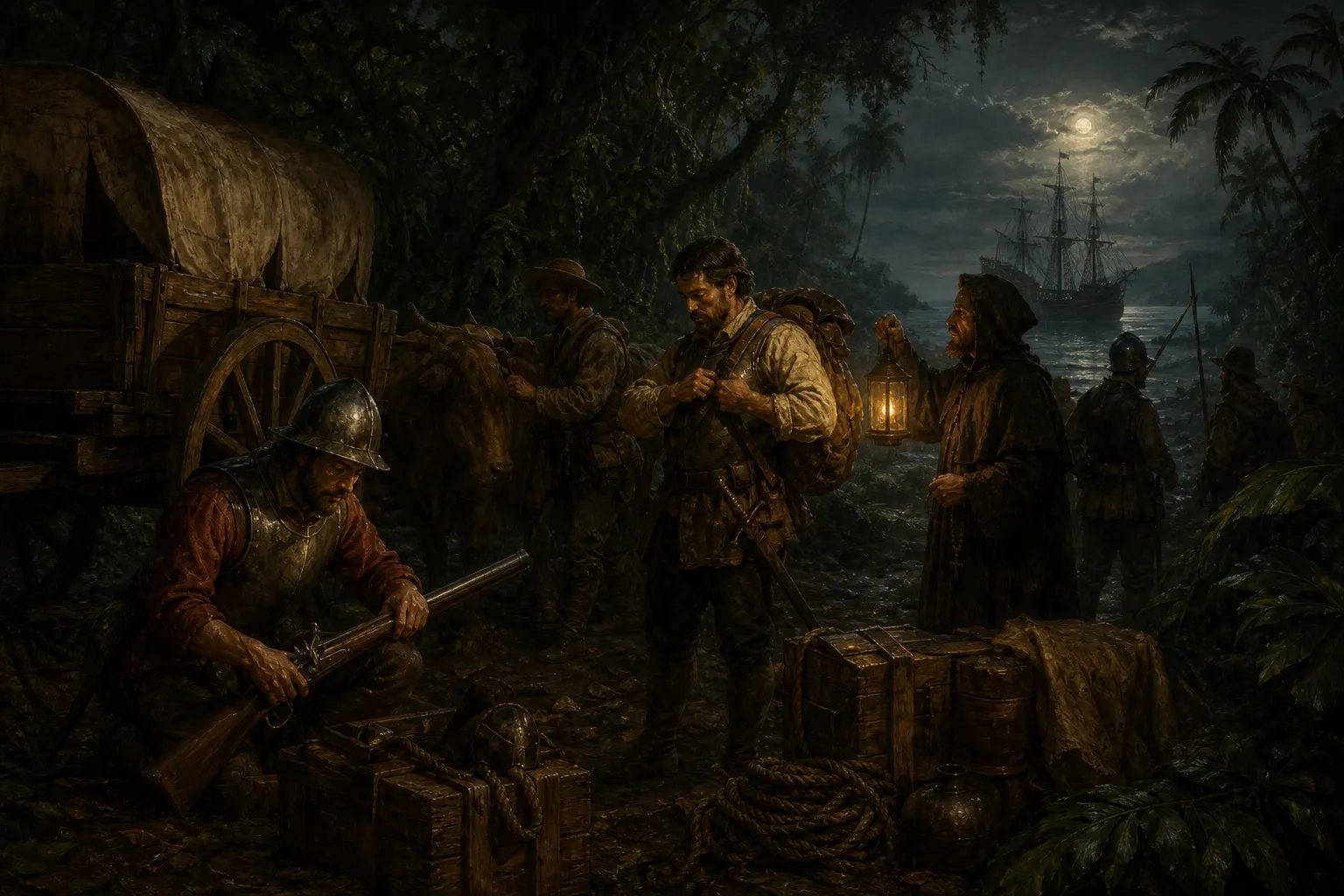 A conquistador crew preparing gear beside the ox-wagon at the edge of a night jungle
