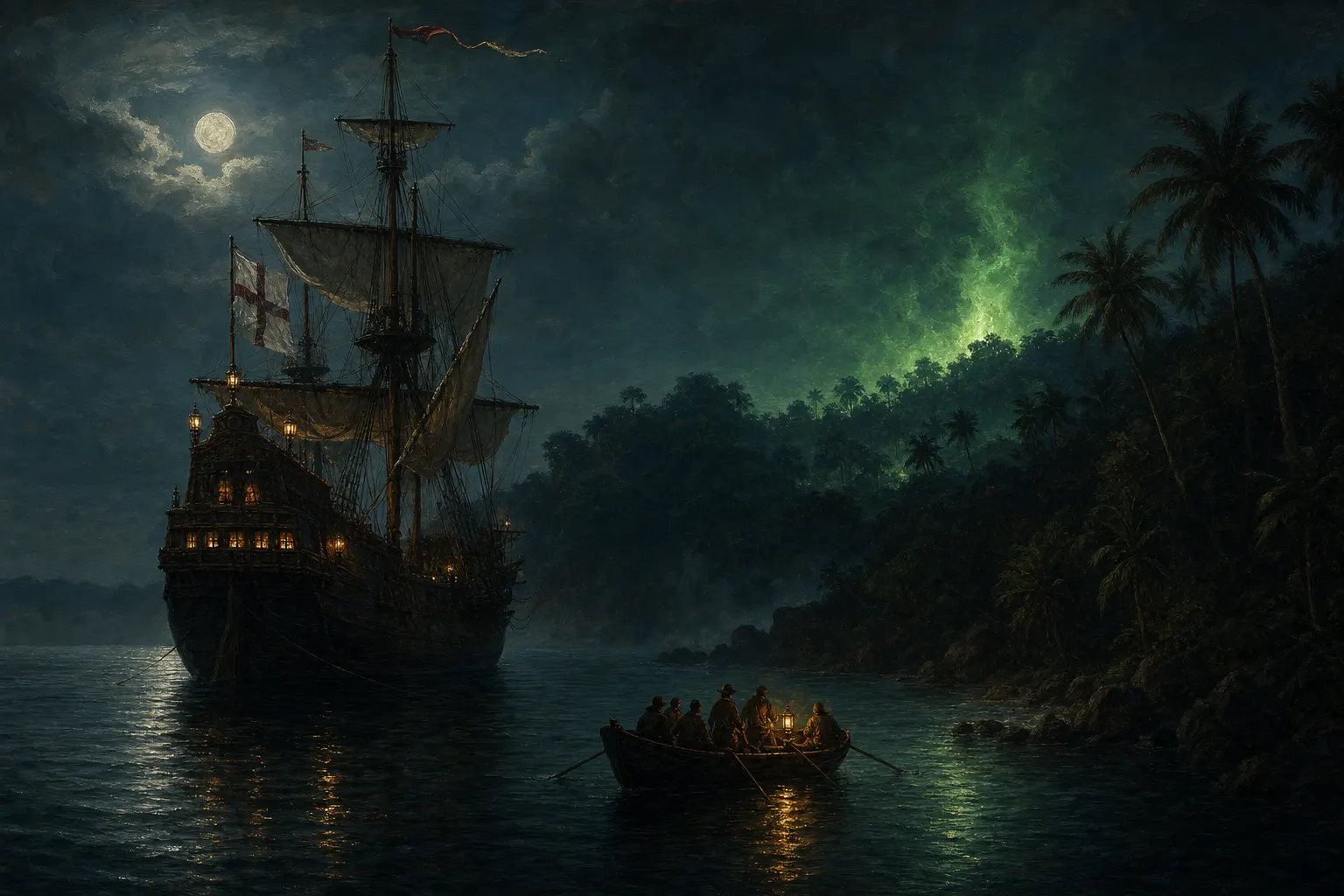 A Spanish galleon at anchor in a misty moonlit bay beside a dark jungle coast