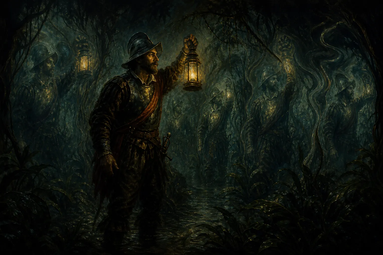 A lone explorer with a lantern as ghostly doppelgangers warp the jungle around him