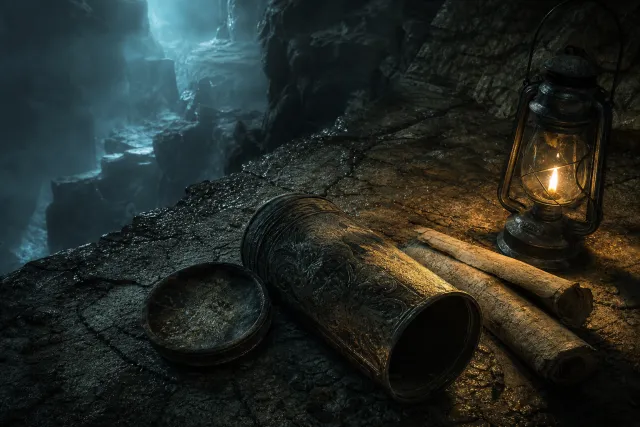 An engraved metal cylinder lying open beside Zamacona's manuscript pages in a lantern-lit cave