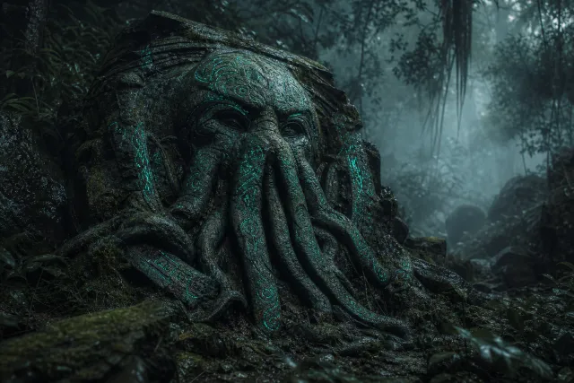 A weathered stone idol carved with the tentacle-face of Tulu, K'n-yan's name for Cthulhu